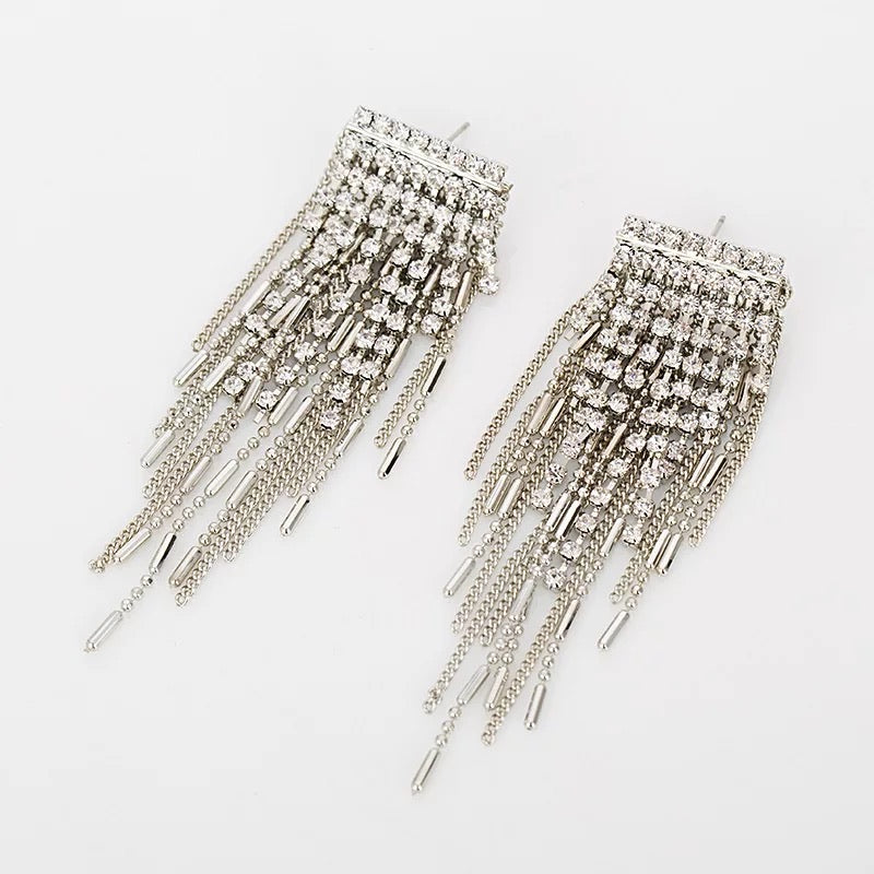 Silver Rhinestones Tassel Long Chain Earrings, Silver / One Size