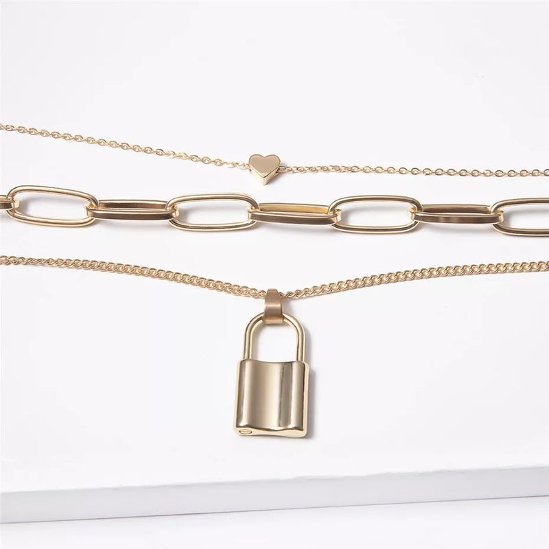 Womens Heart Lock Bangle Bracelet and Key Pendant Chain Necklace Jewelry  Set