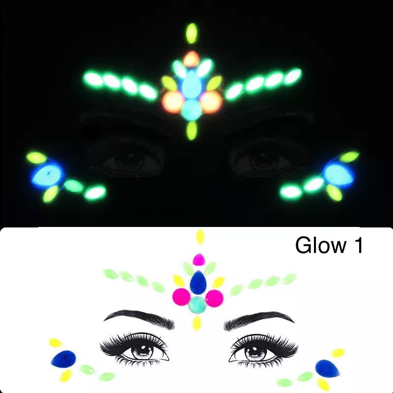 Glow in The Dark Face Gems - 14 Designs Glow 12 - 6 Left