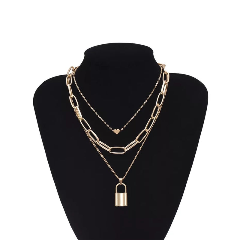3 Layer Chain Necklace With Padlock